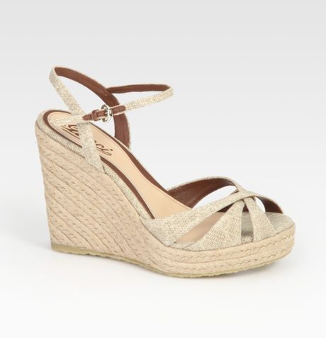 Gucci Penelope Linen and Leather Espadrille Wedge Sandals in Beige ...