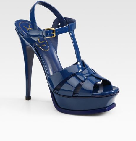 Saint Laurent Tribute Patent Leather Platform Sandals in Blue | Lyst