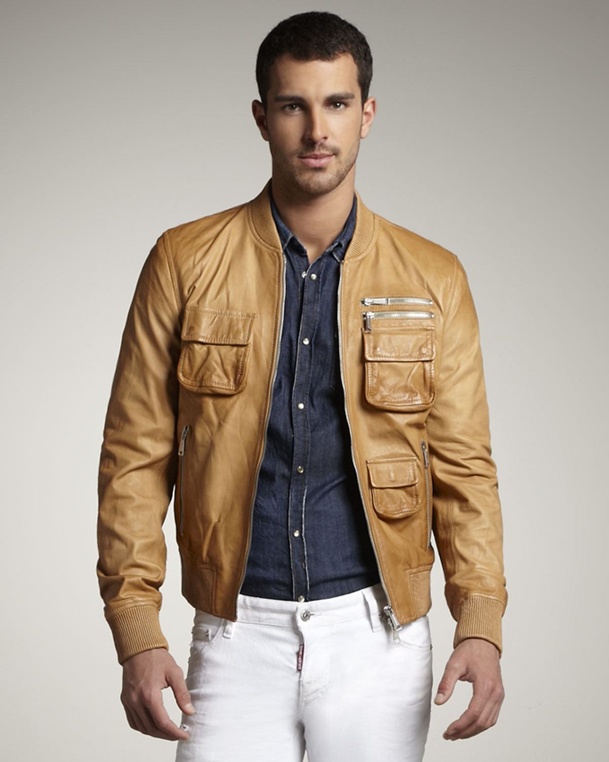 Dsquared² Leather Bomber Jacket in Natural for Men | Lyst