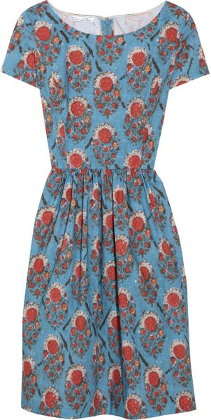 Oscar De La Renta Printed Stretch Cotton-blend Dress in Blue (denim) | Lyst