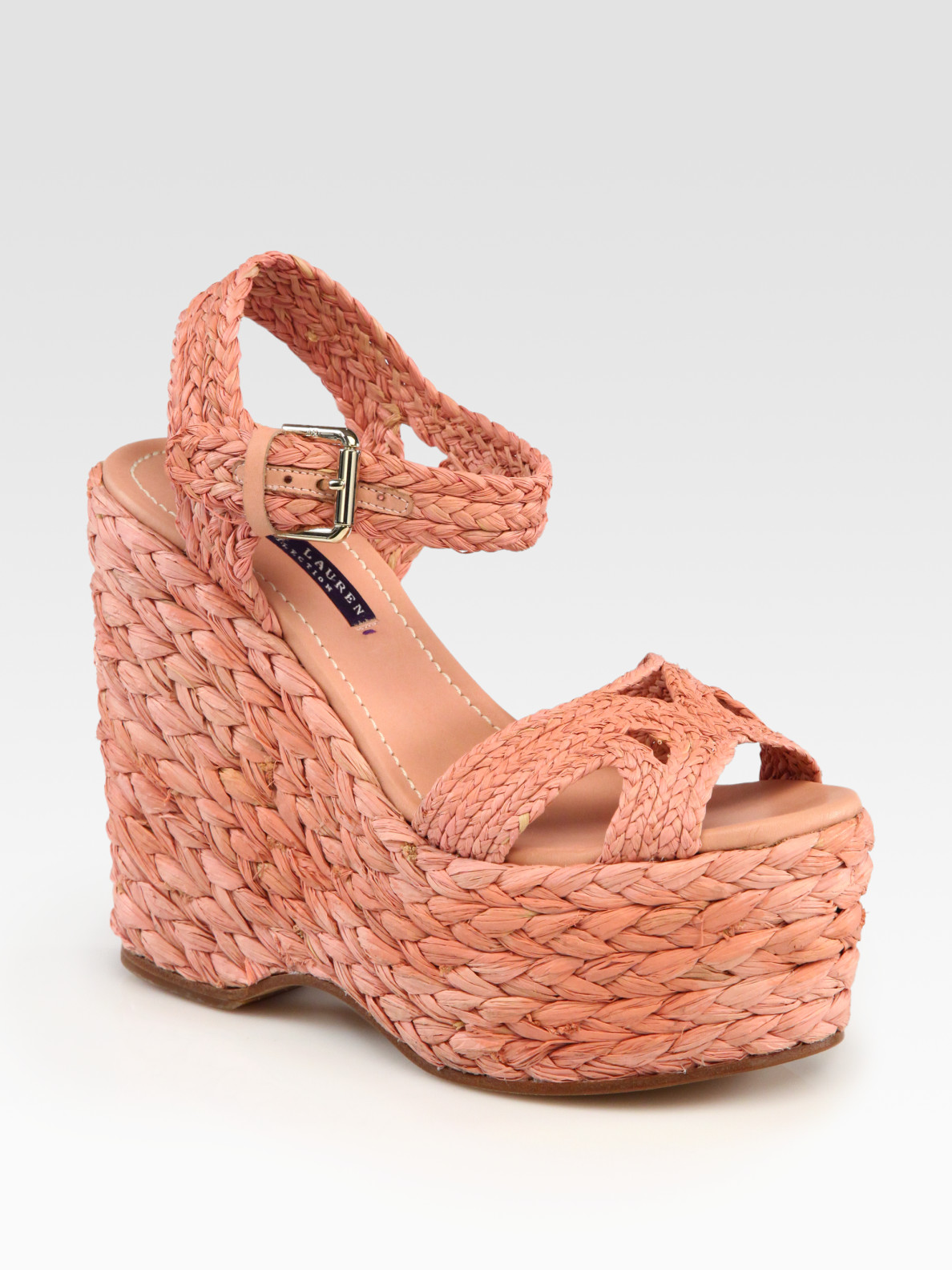 Ralph Lauren Collection Braided Raffia Slingback Wedge Sandals in Pink ...