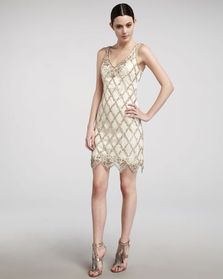 Sue Wong Lattice-bead Cocktail Dress in Gold (antique champagne) | Lyst