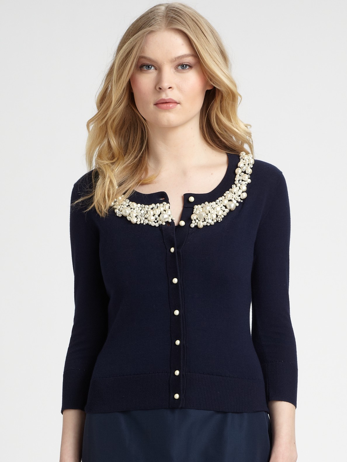 Lyst - Kate Spade New York Cotton Kati Pearl Cardigan in Blue