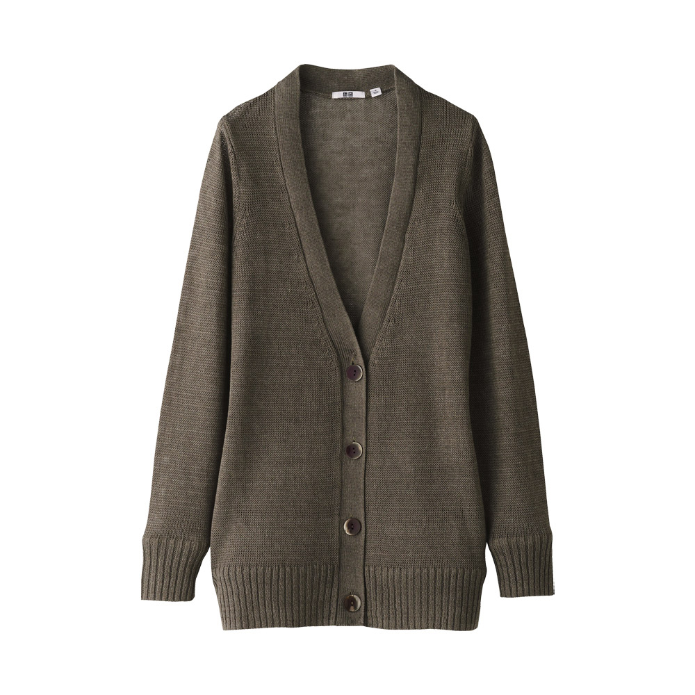 Uniqlo Women Premium Linen V Neck Long Cardigan in Gray (olive) | Lyst