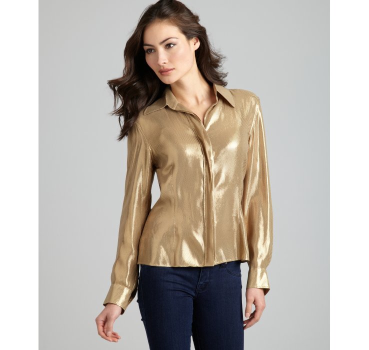 Lyst Hermès Gold Tonal Stripe Silk Blend Blouse in Metallic