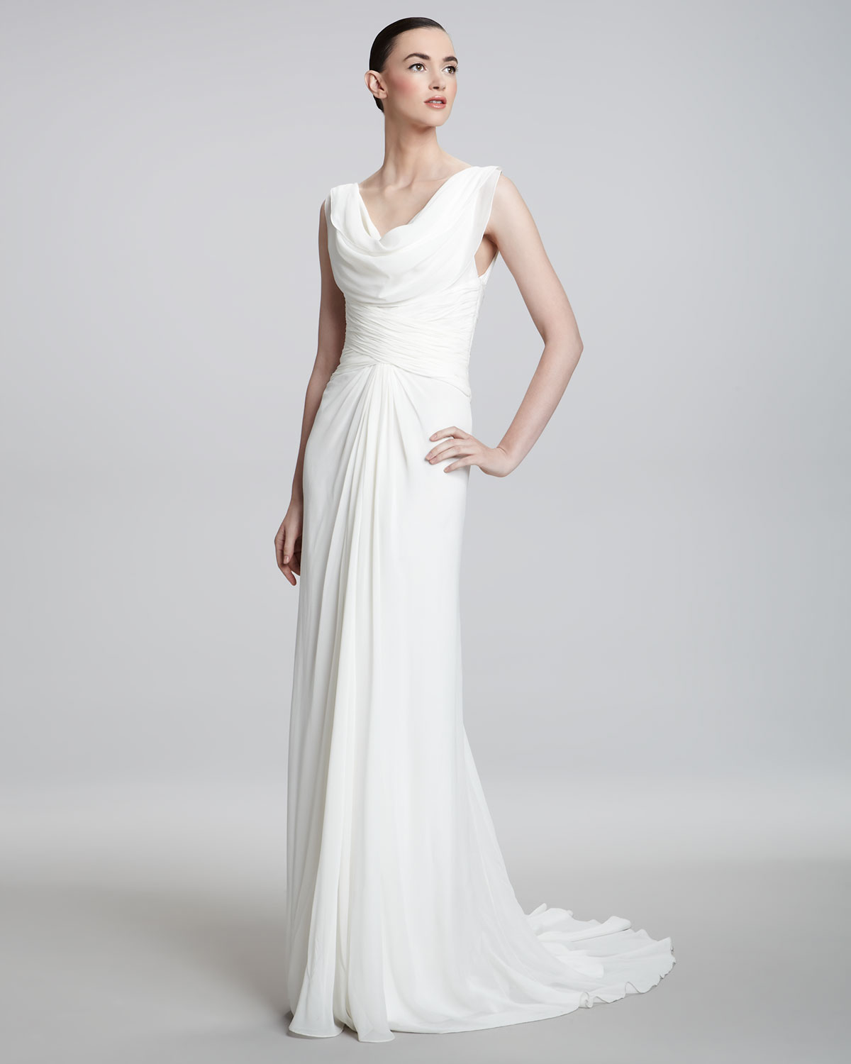 white cowl neck gown