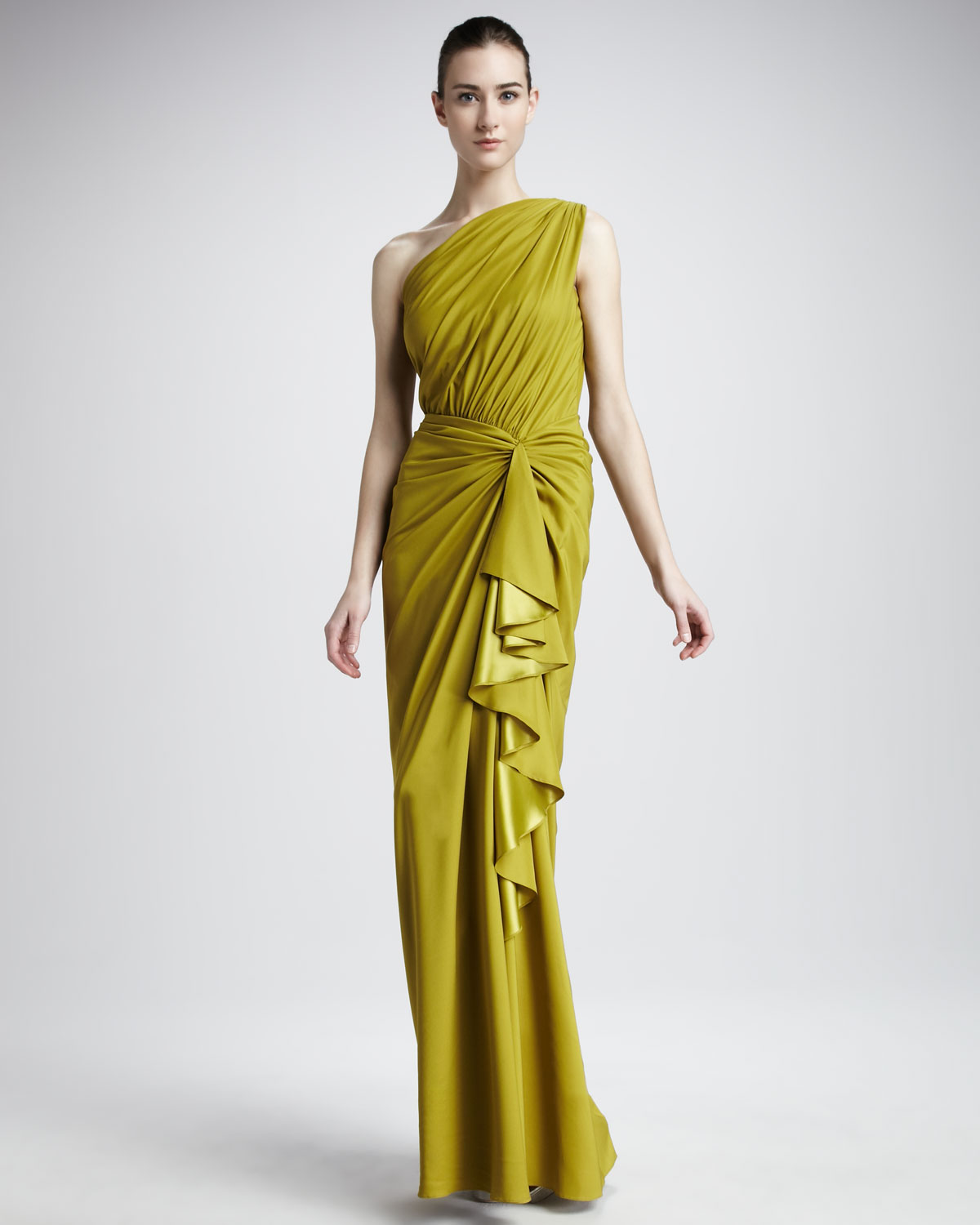 Lyst Tadashi Shoji One Shoulder Cascading Ruffle Gown In Green Gallery