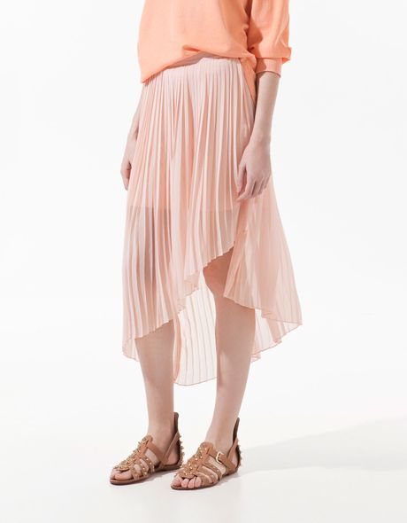 Zara Asymmetric Fine Pleated Skirt in Pink (peach) | Lyst