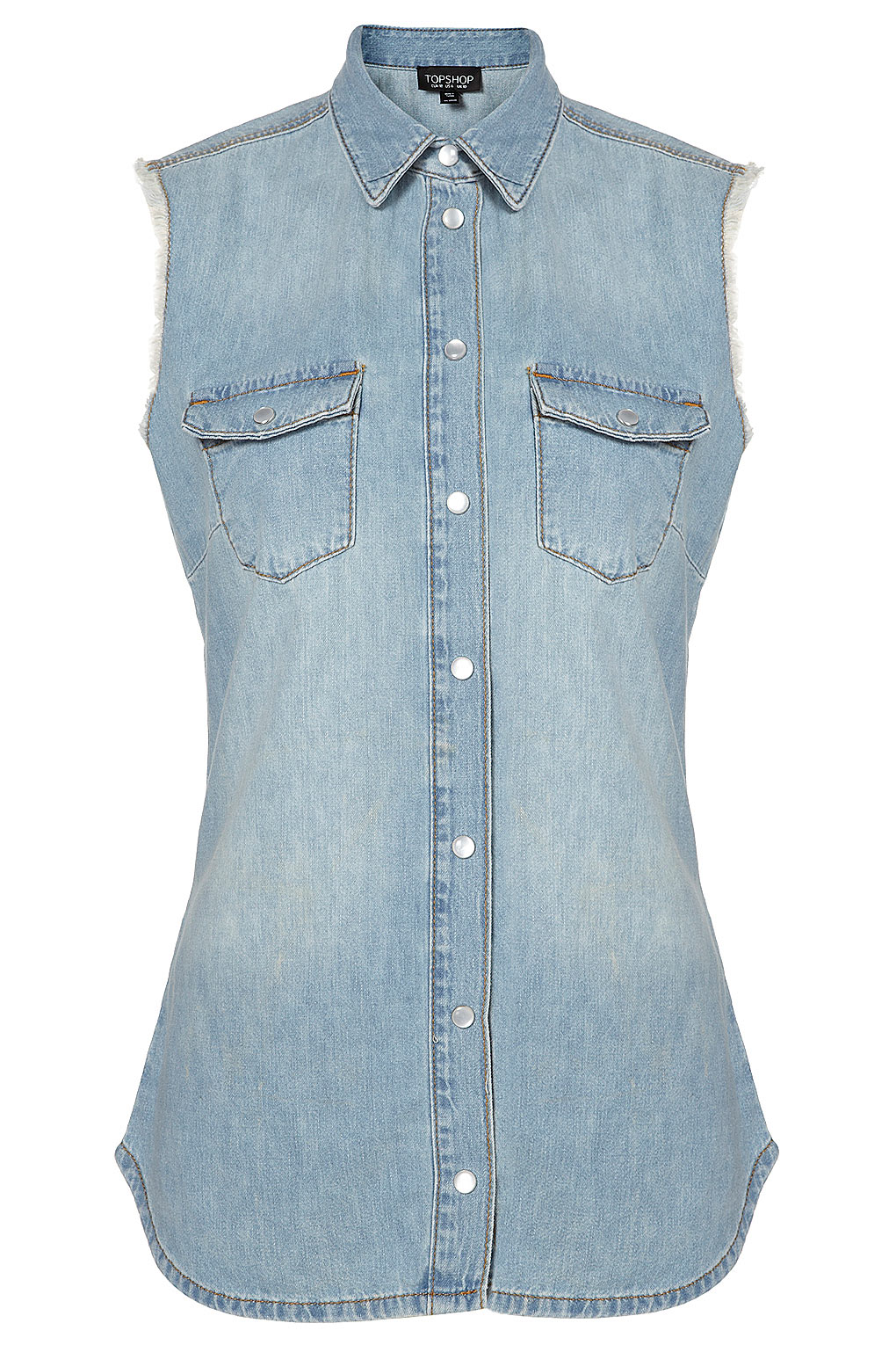 lyst-topshop-sleeveless-denim-shirt-in-blue