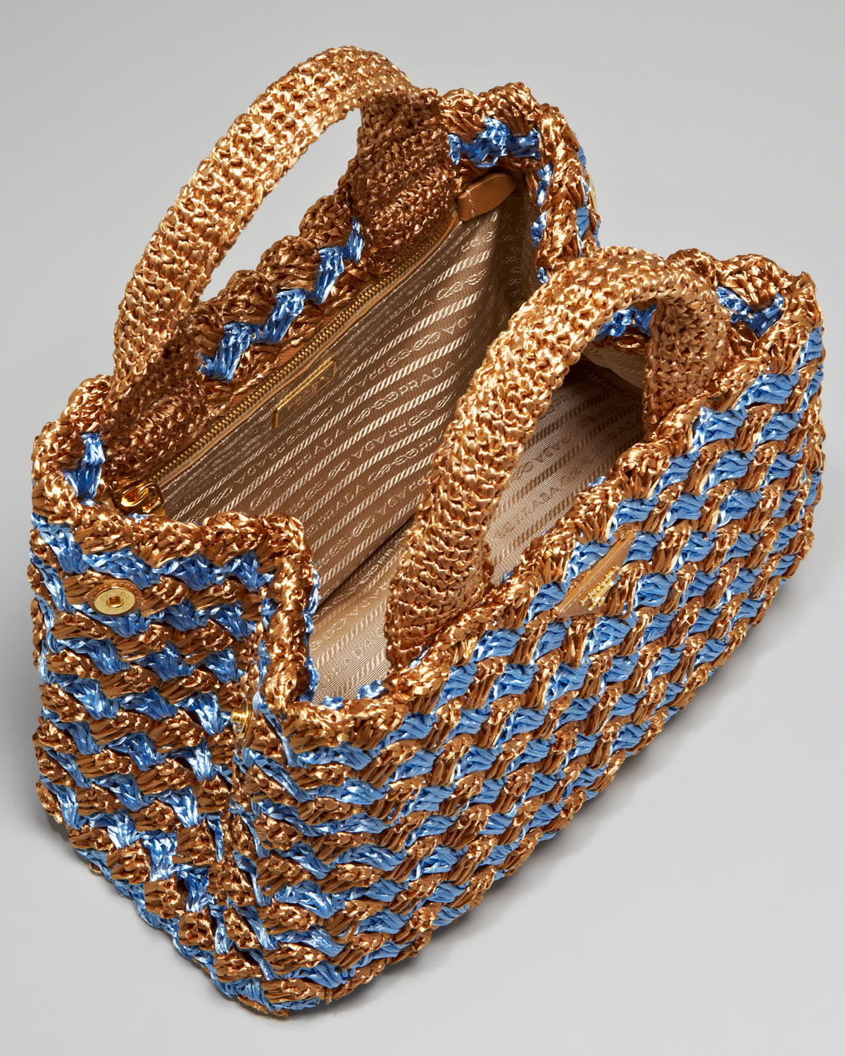 Prada Bi-color Crocheted Raffia Tote in Beige (blue) | Lyst  