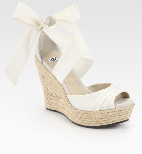 Ugg Lucianna Tieup Silk And Suede Espadrille Wedge Sandals in White | Lyst