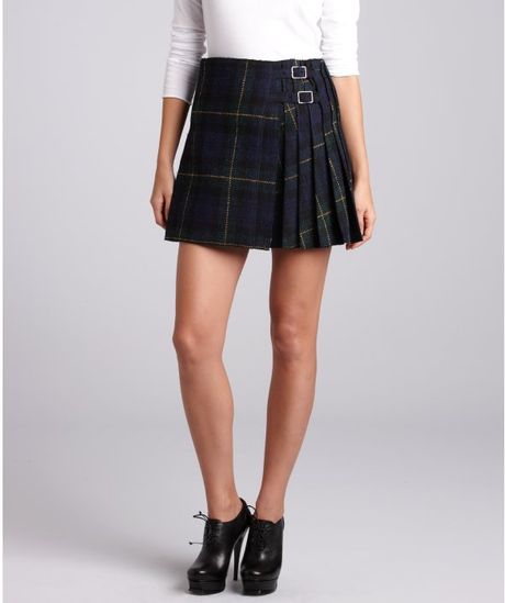 Celine Midnight Plaid Wool Pleated Wrap Front Double Buckle Skirt in ...