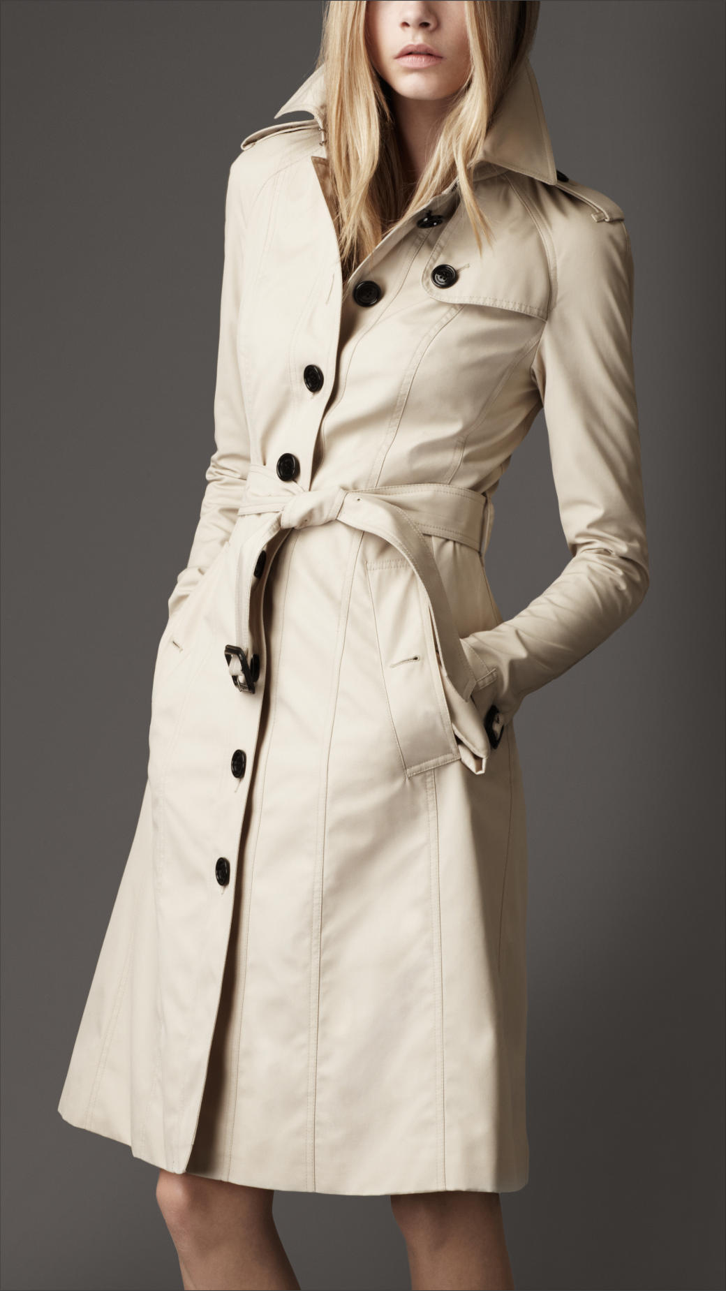 Burberry Long Cotton Blend Single Breasted Trench Coat in Natural | Lyst