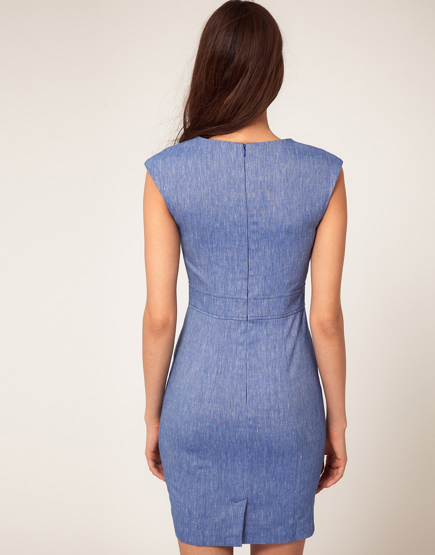 Lyst - Asos Pencil Dress With Pleated Neck in Blue