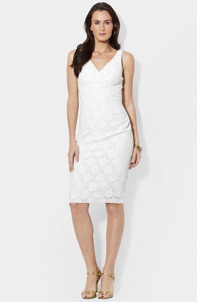 Lauren By Ralph Lauren Surplice Lace Sheath Dress in White (white lace ...