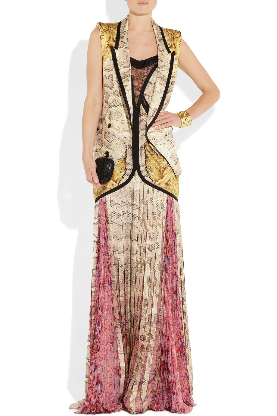 Roberto cavalli Printed Silk Satin and Silk Chiffon Gown in Natural Lyst