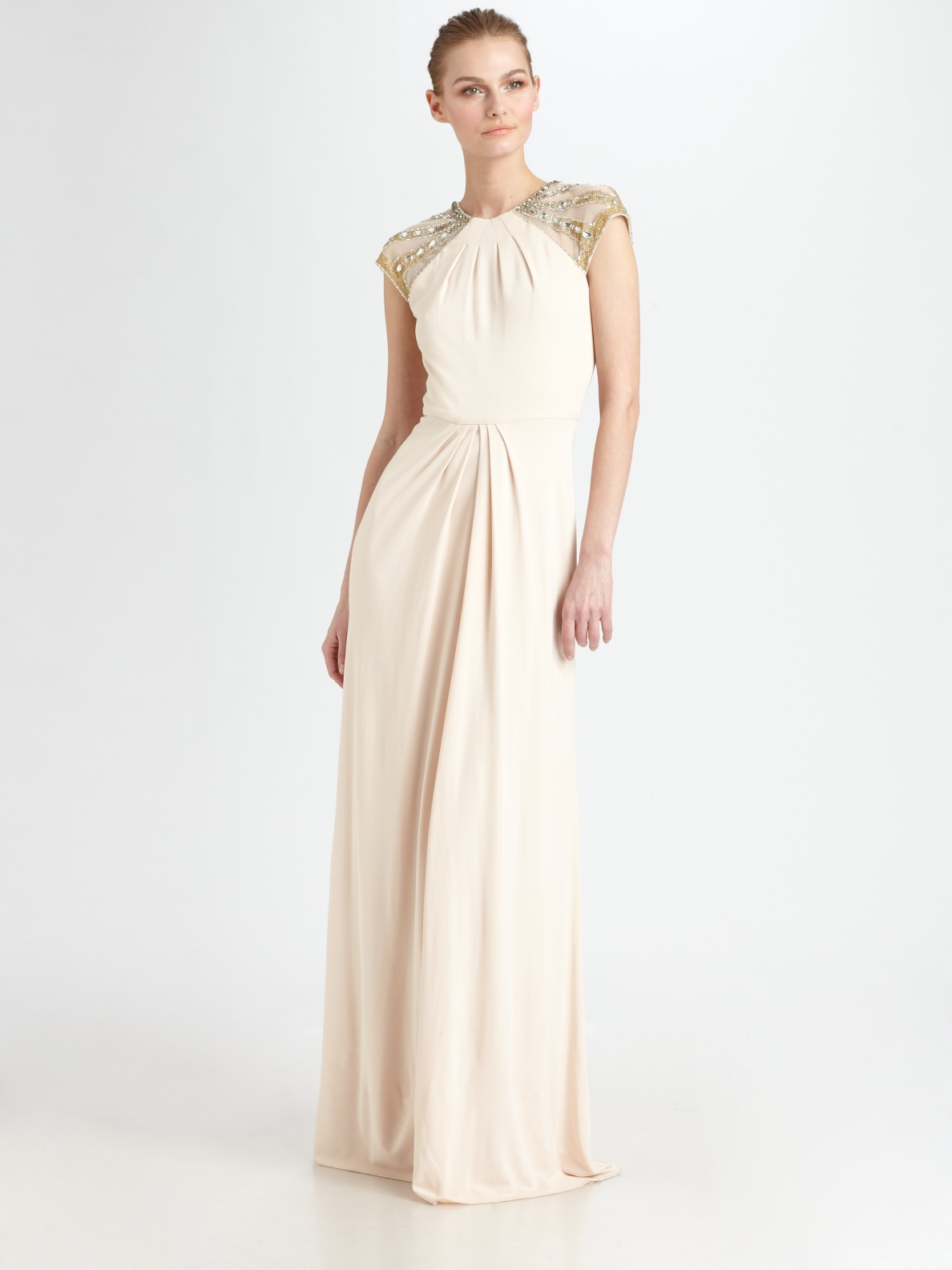 Lyst - Badgley Mischka Beaded Cap-sleeve Gown in Natural