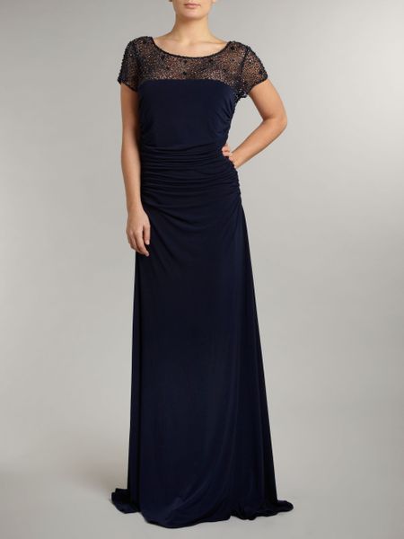 Untold Long Ruche Jersey Dress with Beaded Mesh in Blue (navy) | Lyst