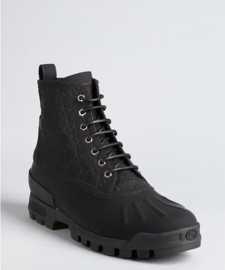 Gucci Black Guccissima Rubberized Leather Lace Up Boots in Black for ...