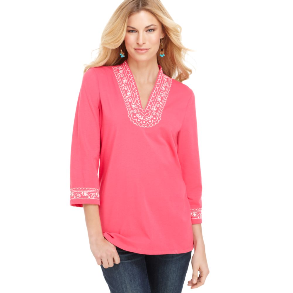 Lyst - Jones new york Three Quarter Sleeve Embroidered Tunic in Pink