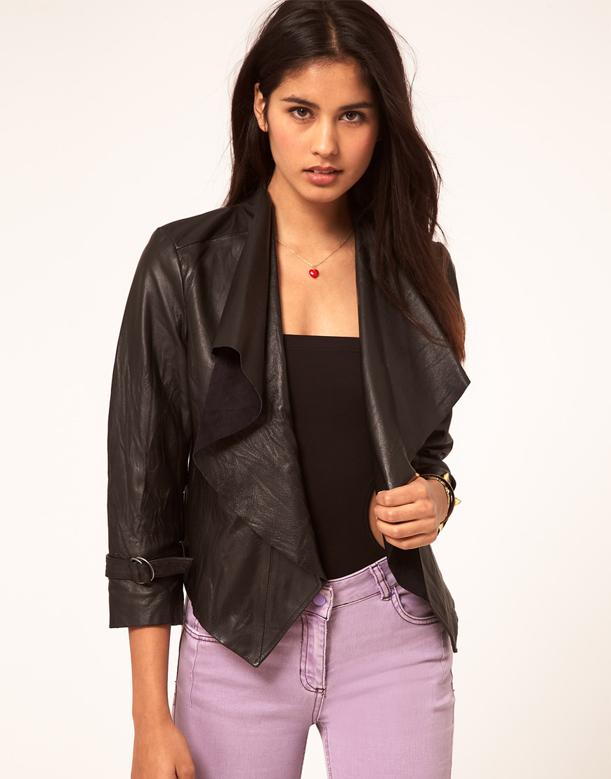 Asos collection Asos Leather Jacket with Waterfall Collar in Black | Lyst