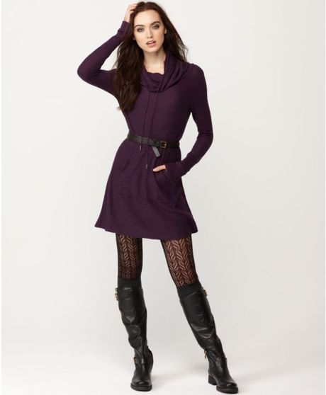 Kensie Hooded Long Sleeve A Line Sweater Dress in Purple | Lyst