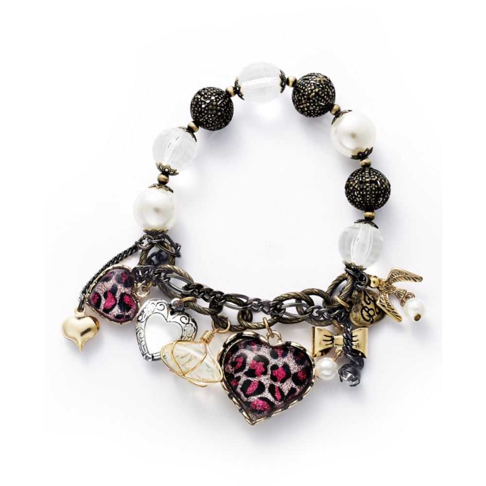 Lyst - Betsey Johnson Tri Tone Leopard Heart Multi Charm Half Stretch ...