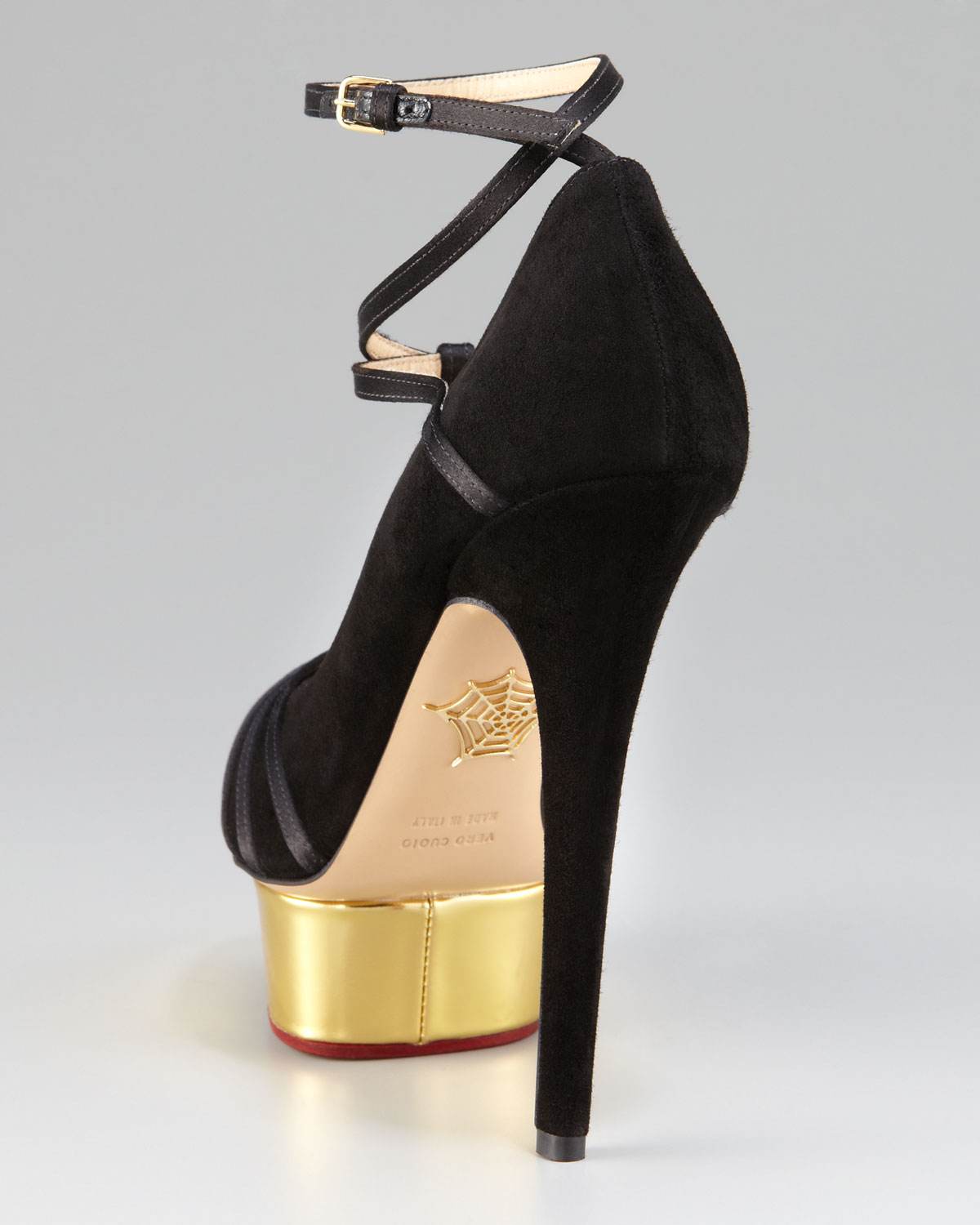 Charlotte Olympia Suede Ankle-wrap Platform Pump in Gold (blk gold) | Lyst