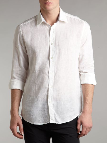 Hugo Boss Long Sleeved Linen Shirt in White for Men | Lyst