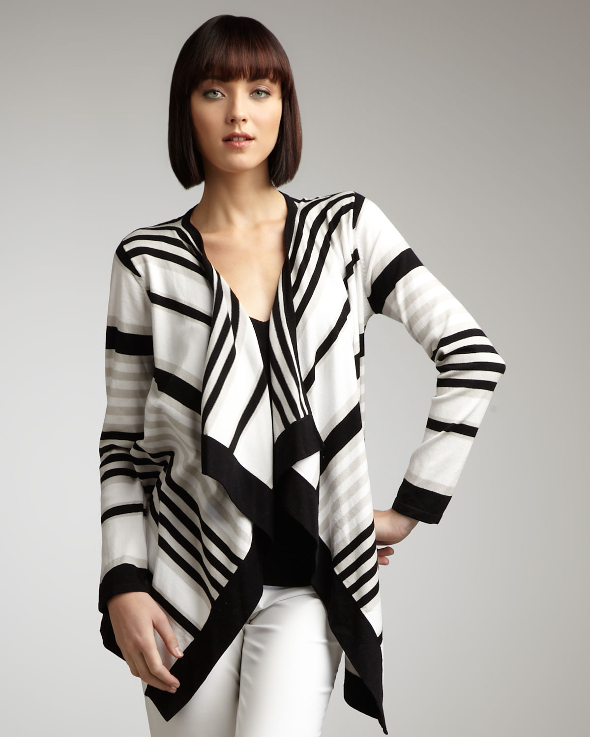 Adrienne vittadini Striped Open Cardigan Womens in Black | Lyst