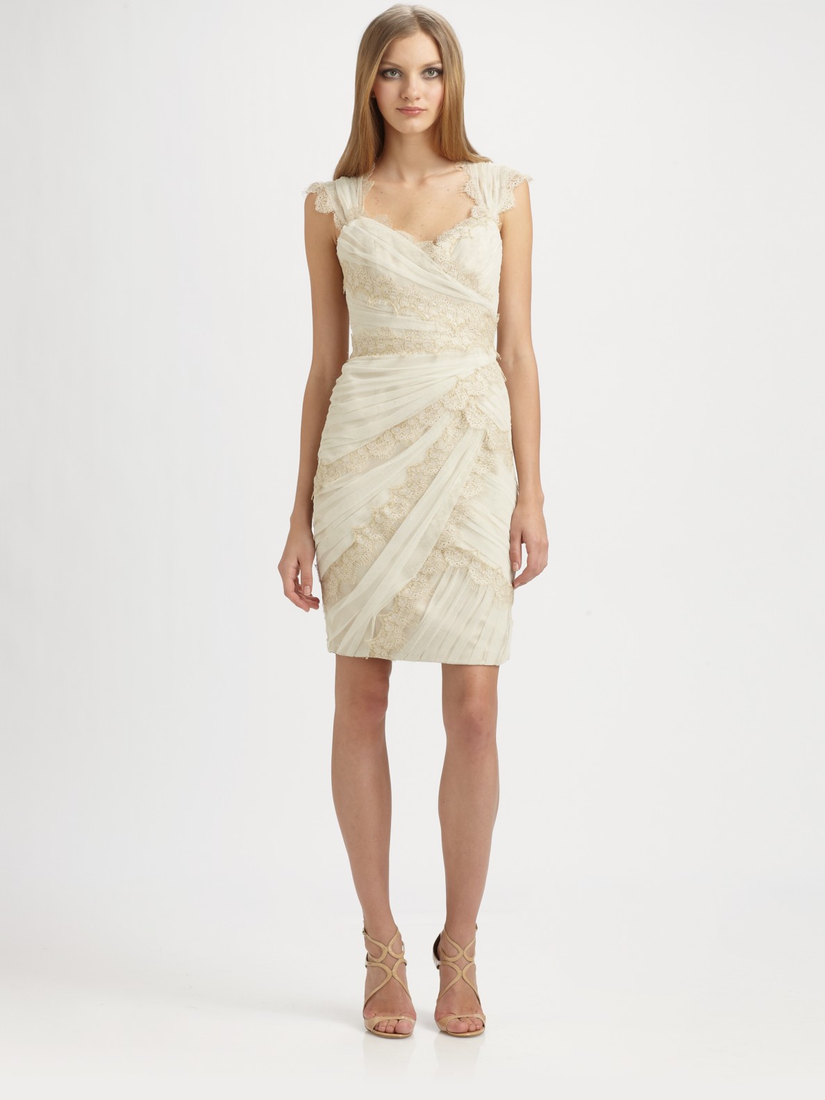Lyst - Ml monique lhuillier Lacetrimmed Tulle Dress in Natural