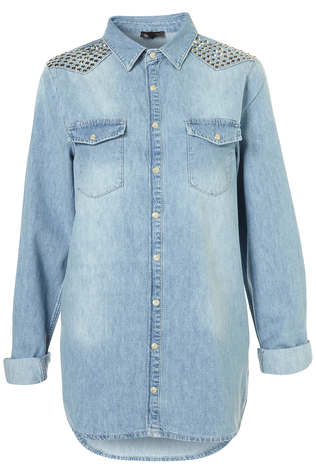 Topshop Oversized Stud Denim Shirt in Blue | Lyst