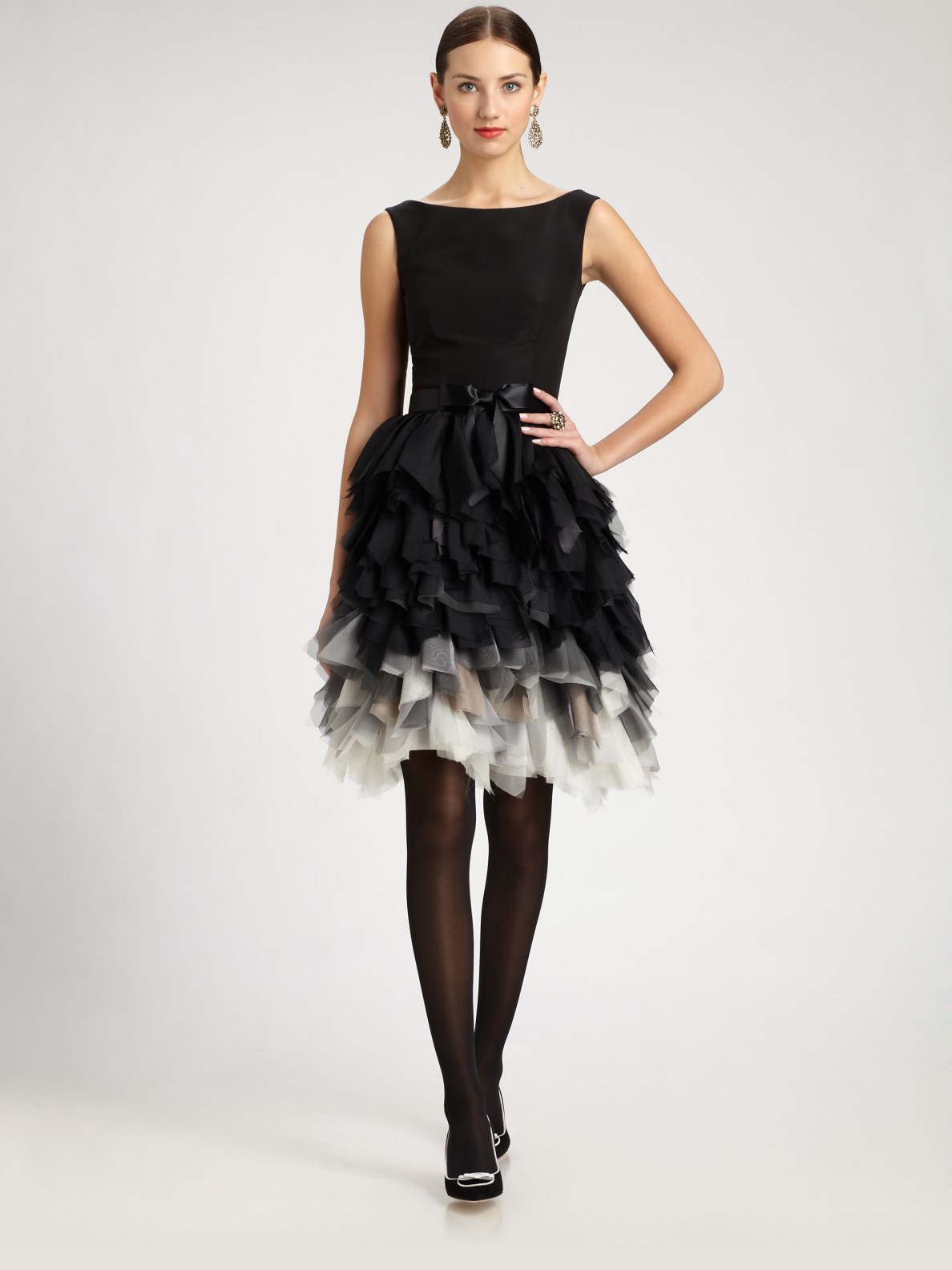 Oscar De La Renta Silk Feathered Skirt Dress In Black Lyst 8483