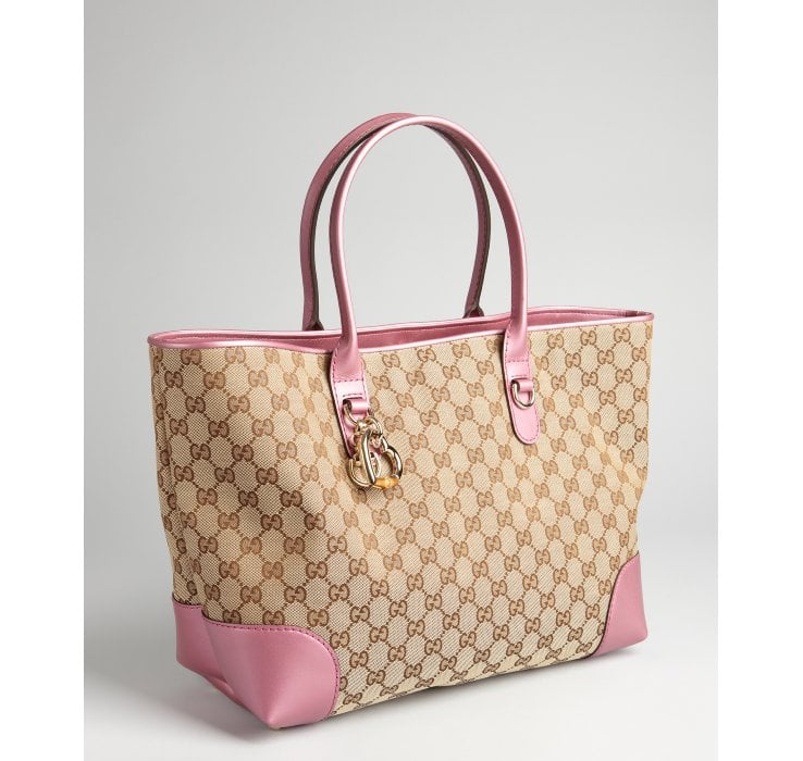 Lyst - Gucci Pink Metallic Leather Gg Canvas Heart Bit Medium Tote in Pink
