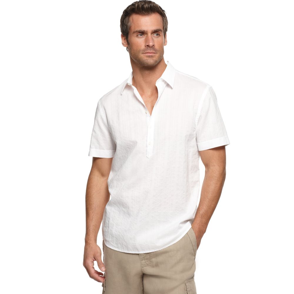 Perry Ellis Short Sleeve Textured Stripe Collar Pull Over Shirt in ...