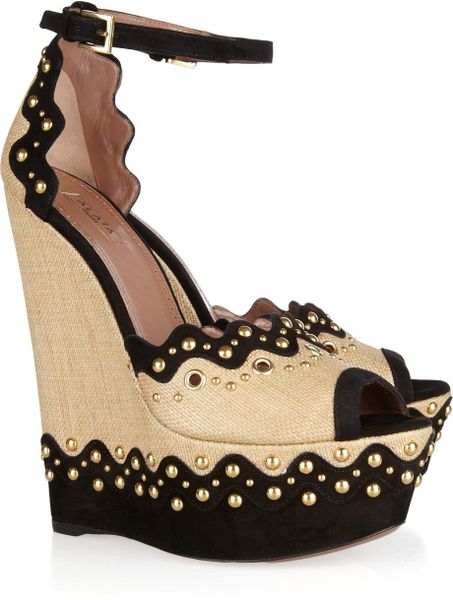 Alaïa Paille Glamour Embellished Raffia and Suede Wedge Sandals in ...