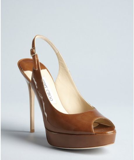 Jimmy Choo Tan Patent Leather Shaw Peep Toe Slingback Pumps in Brown ...