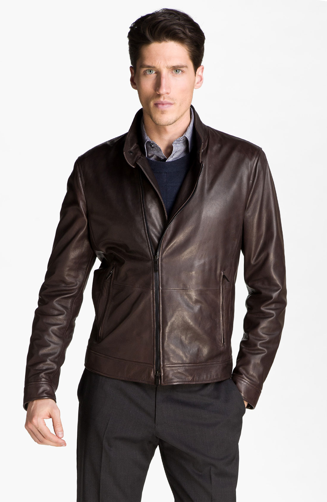 Armani Asymmetrical Zip Leather Jacket in Brown for Men | Lyst