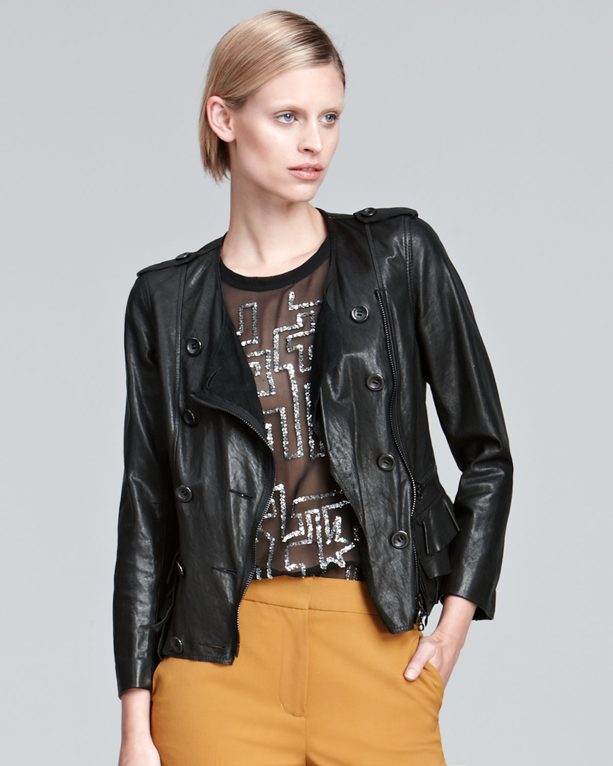 Lyst 3 1 Phillip Lim Ruffle Leather Jacket In Black Gallery