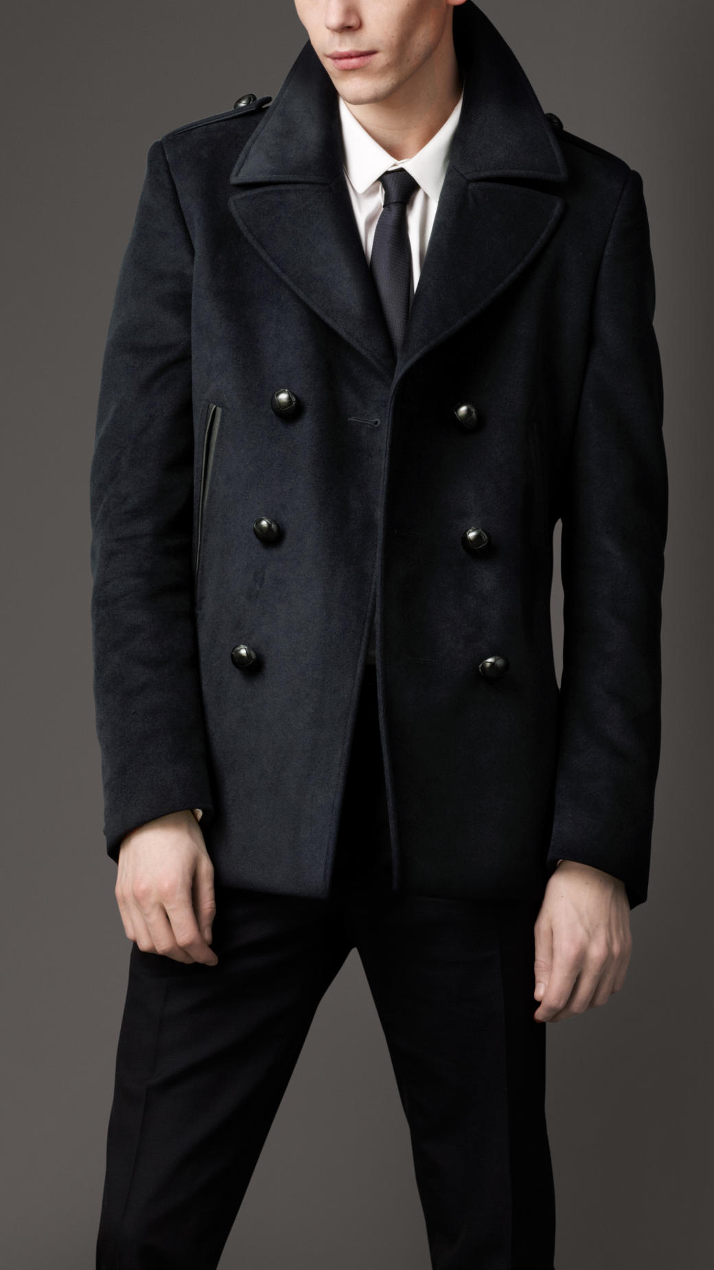 Lyst - Burberry Leather Undercollar Pea Coat in Blue for Men