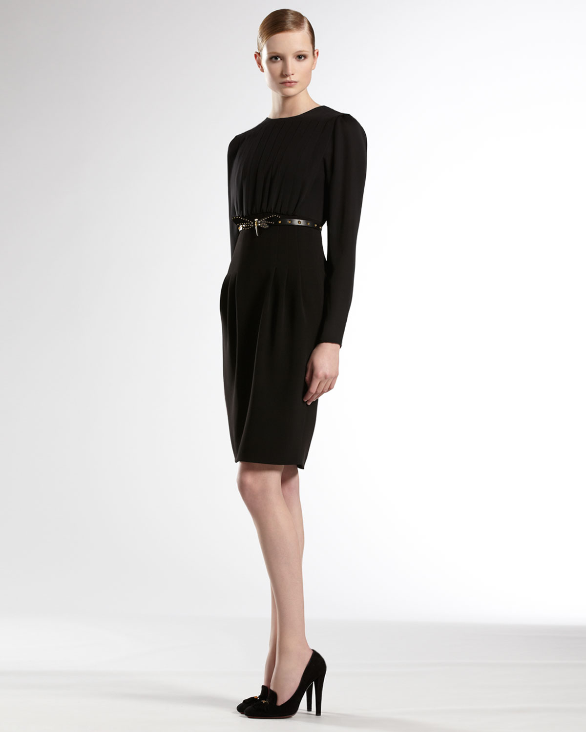 Lyst Gucci Pleated Dress with Dragonfly Belt in Black