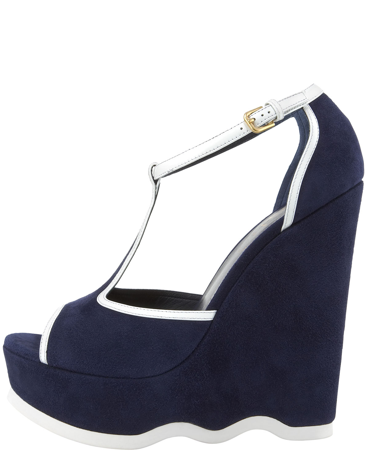 Saint laurent Two-tone Wavy-wedge T-strap in Blue (pacific white ...  