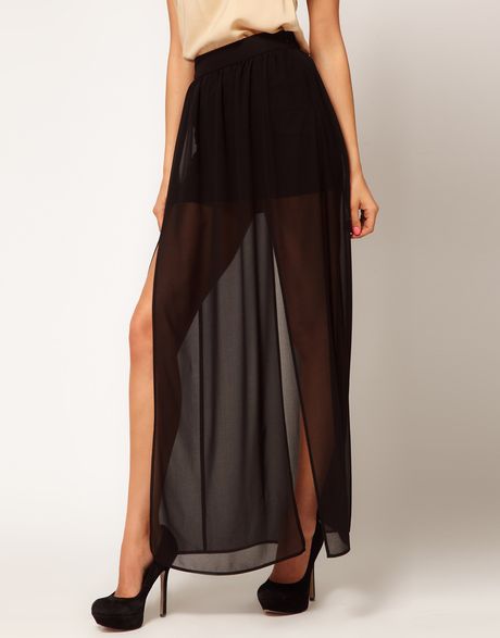 Asos Maxi Skirt with Double Split in Black | Lyst