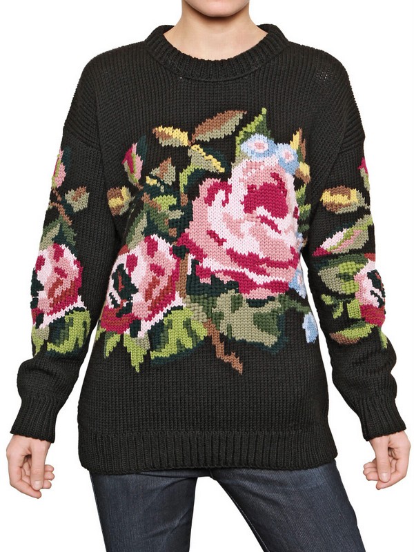 Lyst - Dolce & Gabbana Rose-Patterned Wool Sweater in Black