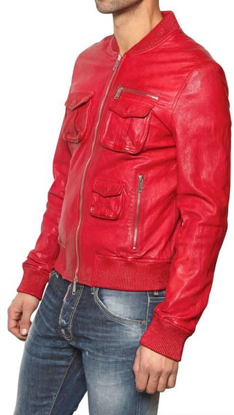Dsquared² Leather Bomber Jacket in Red for Men | Lyst