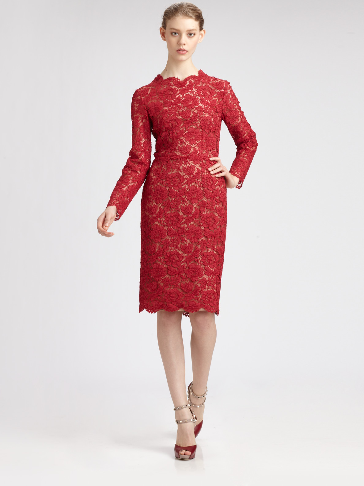 Lyst Valentino Long Sleeved Lace Dress In Red