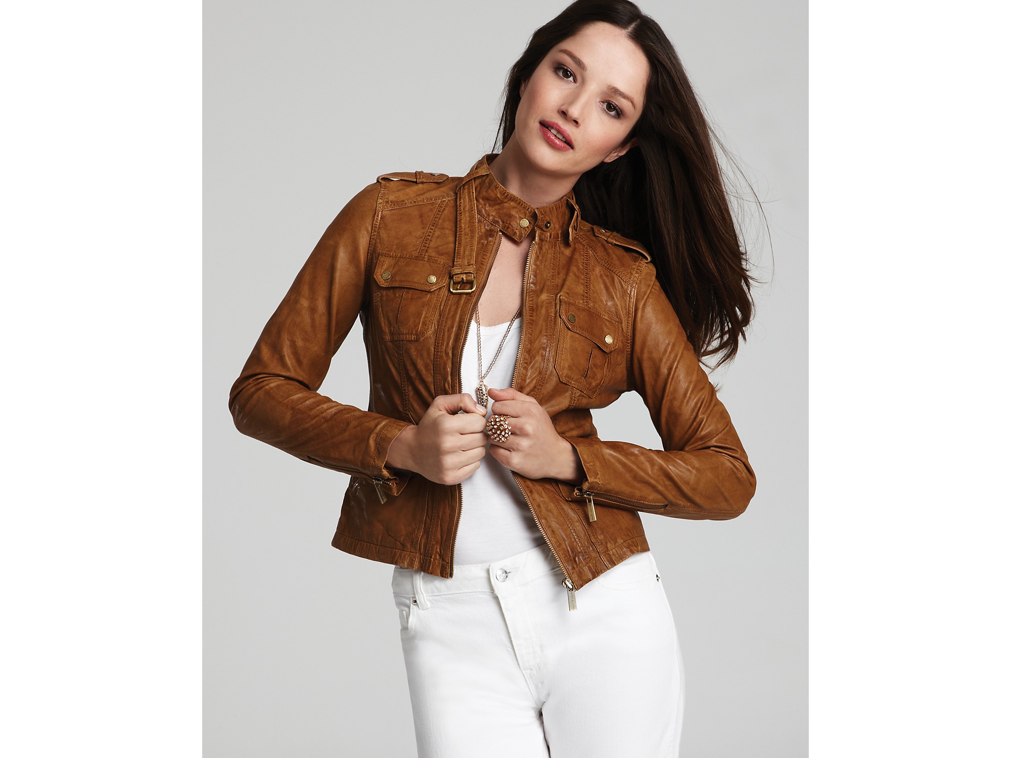 Lyst Michael Kors Moto Patch Pocket Leather Jacket In Brown Gallery