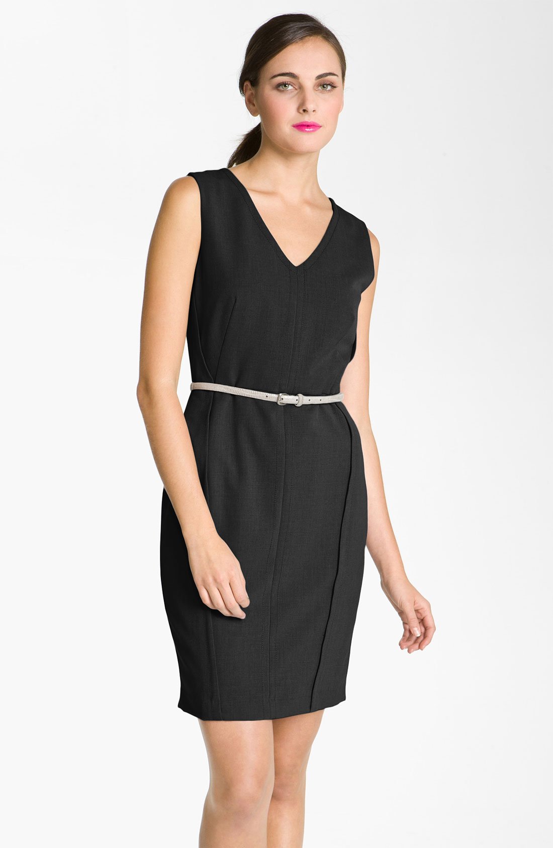 Calvin Klein V-Neck Belted Sheath Dress in Black | Lyst