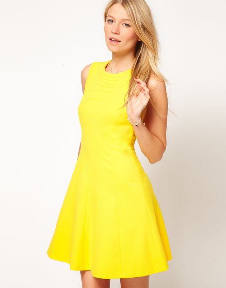 Ted Baker Dress with Pleat Detail in Yellow | Lyst