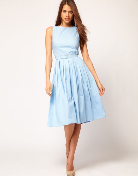 Asos Belted Midi Summer Dress in Blue | Lyst
